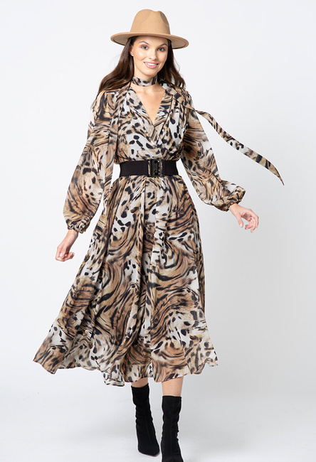 Sukienka z szyfonu w zwierzęcy print z paskiem Jeanne