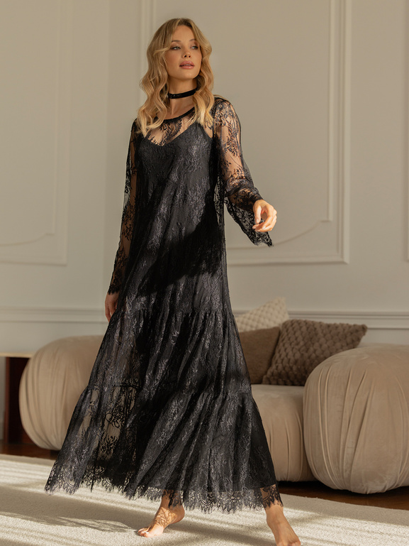 Czarna długa koronkowa sukienka z halką