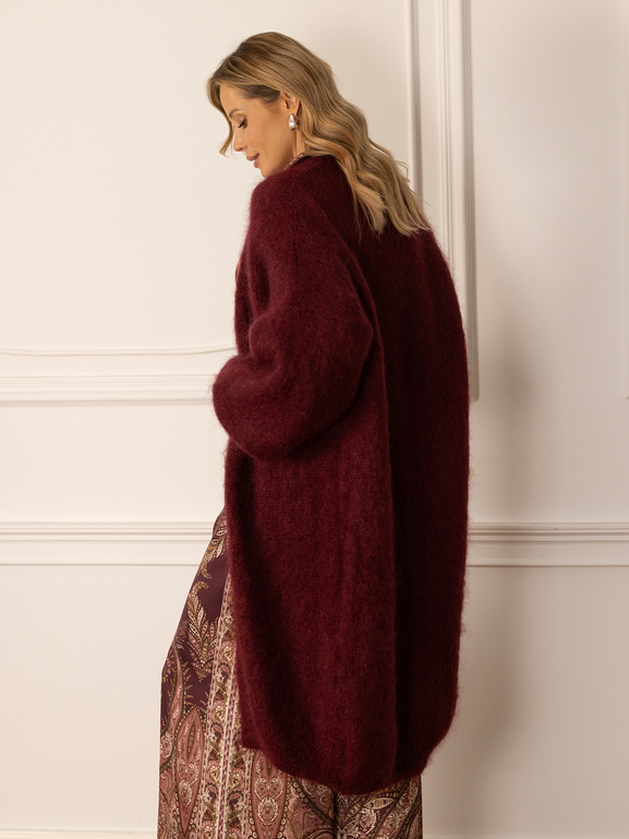 Długi bordowy moherowy sweter bez zapięcia