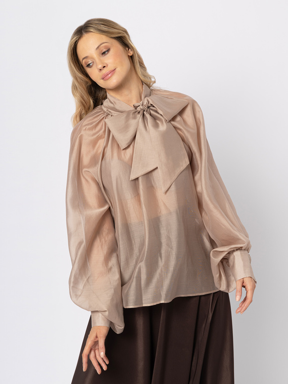 Beżowa bluzka z tencelu z wiązaniem przy szyi