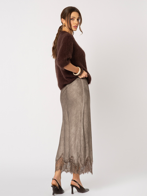 Satynowa wiskozowa spódnica z koronką w kolorze fango