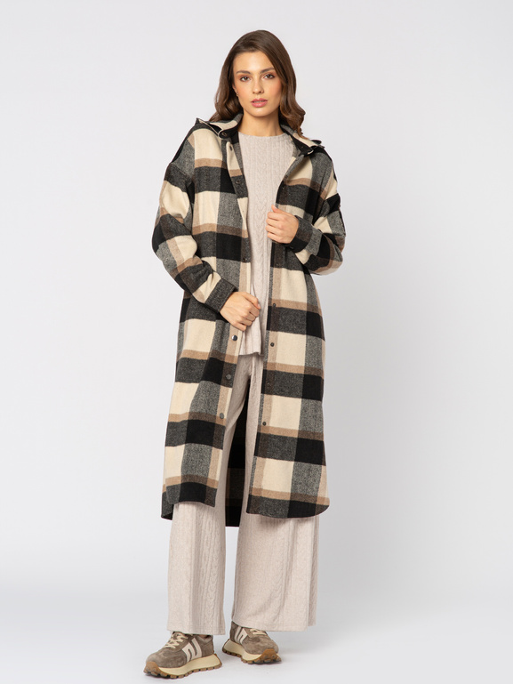 Długa koszula w beżowo/czarną kratę Rennes