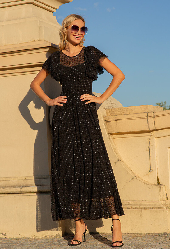 Długa czarna sukienka z falbanami na rękawie Jacqueline