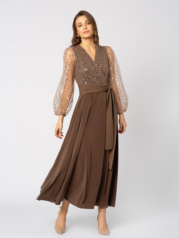Beżowa sukienka z cekinową górą Champagne