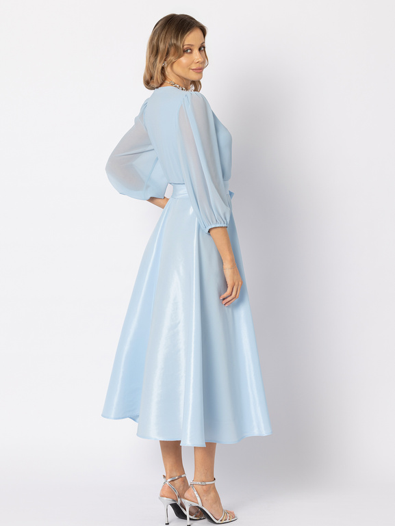 Błękitna sukienka z tafty z wiązaniem