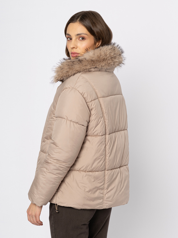 Beżowa kurtka z konierzem z eco futra