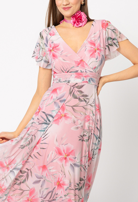 Różowa sukienka z siatki w kwiaty wiśni Risa