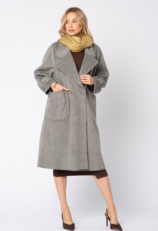 Szary wełniany płaszcz z dużymi kieszeniami bez podszewki