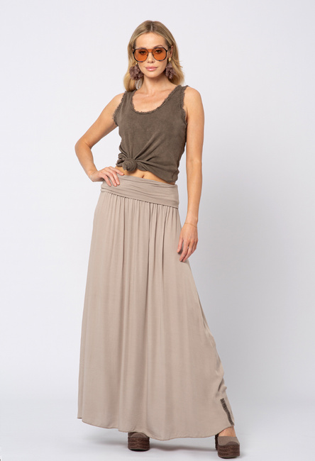 Beżowa wiskozowa spódnica maxi z szerokim pasem