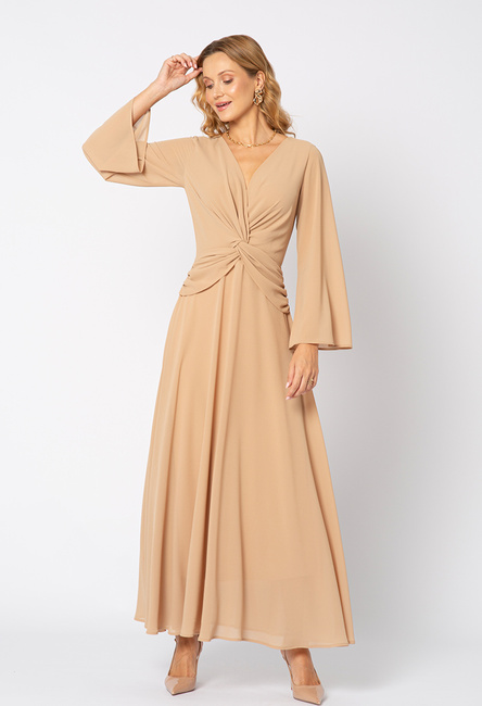 Beżowa sukienka z ozdobną talią i szerszym rękawem Magdalene