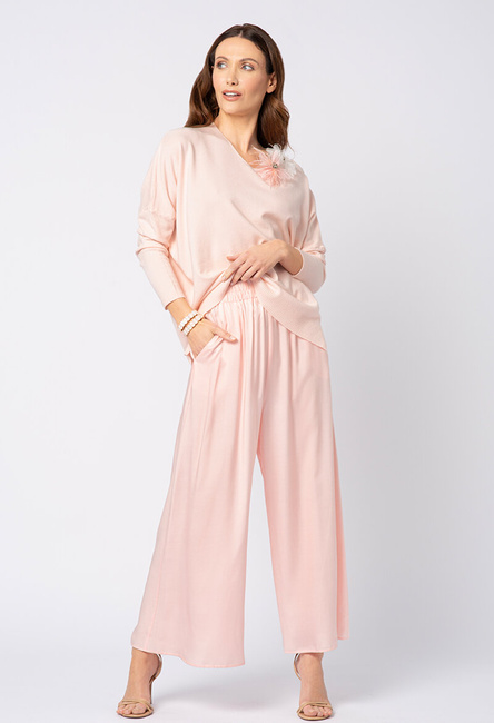 Różowe spodnie z wiskozy z szeroką nogawką Elle