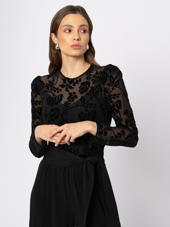 Czarny kombinezon z siatkową górą w flokowany wzór i kontrastowym kołnierzykiem Louise