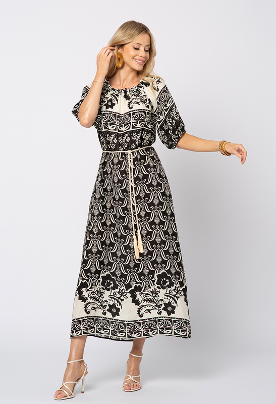 Sukienka w czarno-ecru wzory hiszpanka wiskoza z lnem Cheri