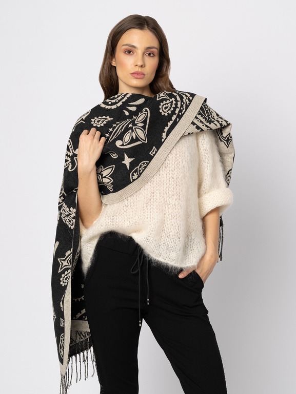 Czarny szal w beżowy wzór