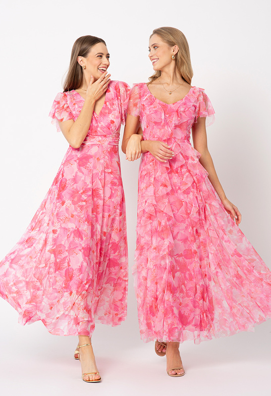 Sukienka z siatki w różowe kwiaty Malou