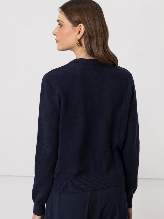 Granatowy kardigan damski z ozdobnym dekoltem