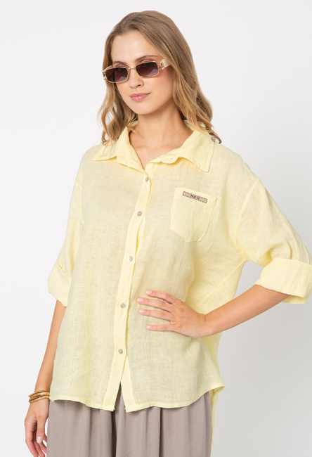 Żółta lniana koszula z wywijanym rękawem