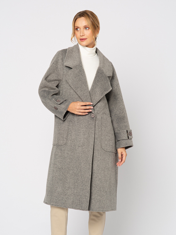 Szary wełniany płaszcz z dużymi kieszeniami bez podszewki