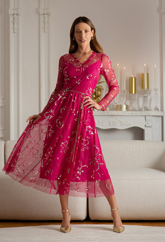 Sukienka z różowej siatki ze złotym drukiem i paseczkiem Calabria