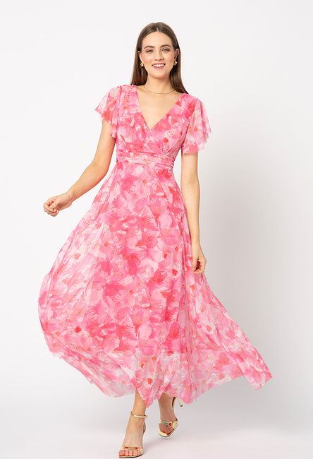 Różowa sukienka z siatki w kwiaty Risa