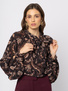 Czarna wzorzysta bluzka z lyocellu z wiązaniem pod szyją