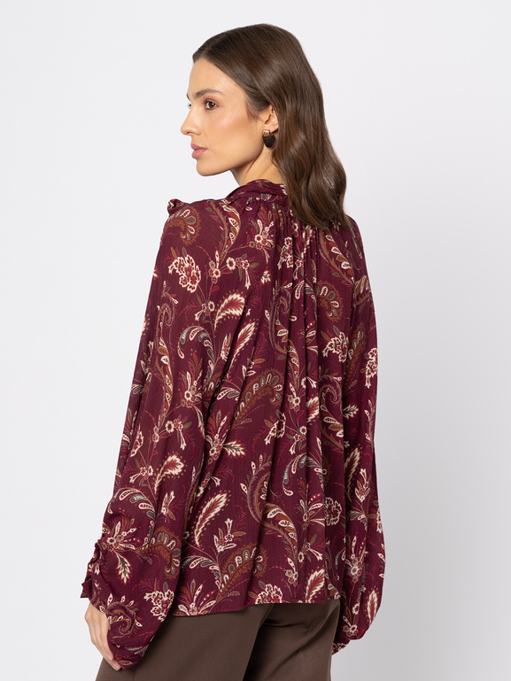 Bordowa wzorzysta bluzka z lyocellu z wiązaniem pod szyją