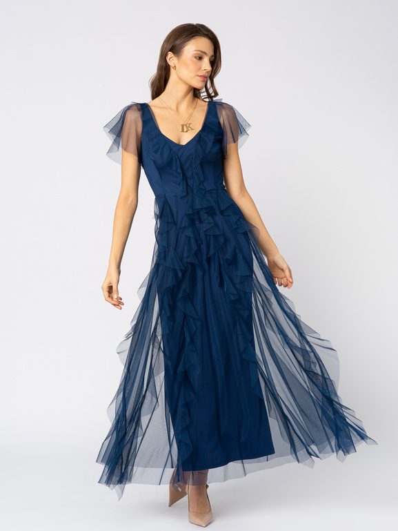 Granatowa sukienka z siatki z falbanami Malou