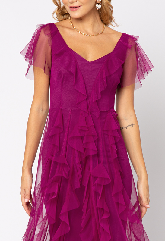 Sukienka z purpurowej siatki z falbanami Malou