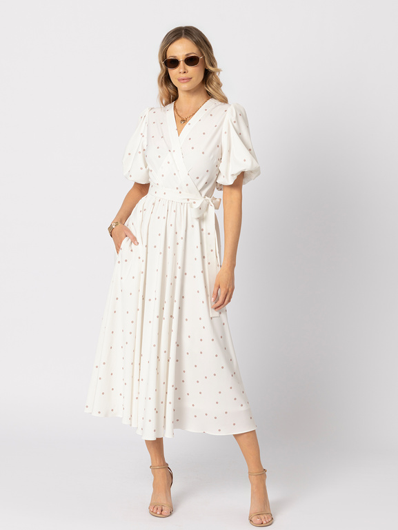 Biała sukienka z beżowe kropki