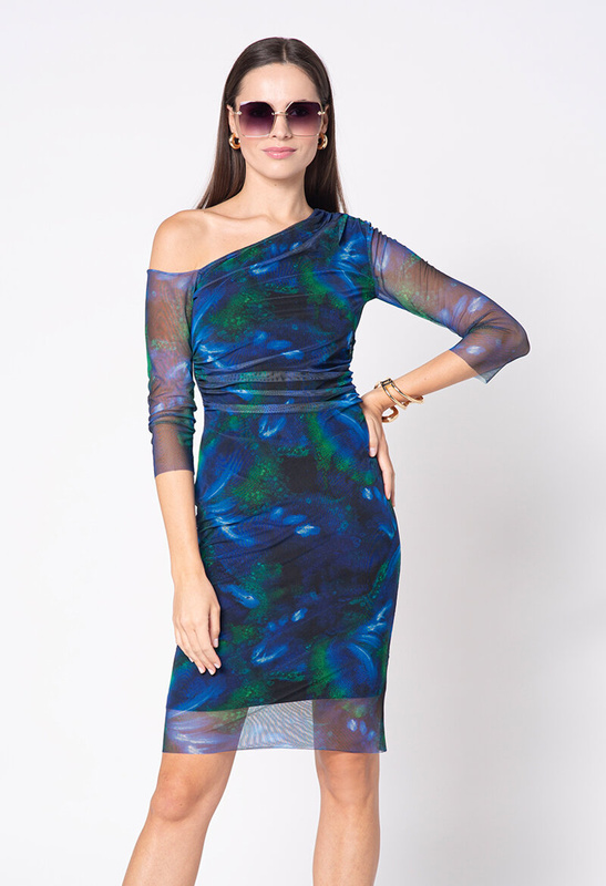 Granatowa sukienka z siatki na jedno ramię Alicante