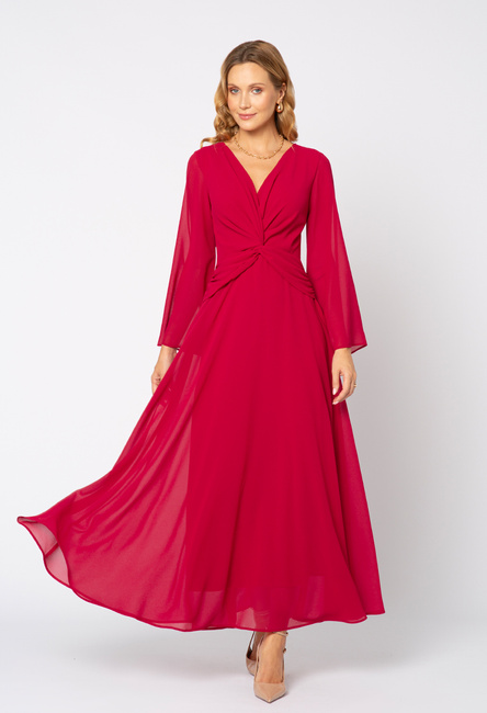 Sukienka w kolorze karminowym z ozdobną talią i szerszym rękawem Magdalene