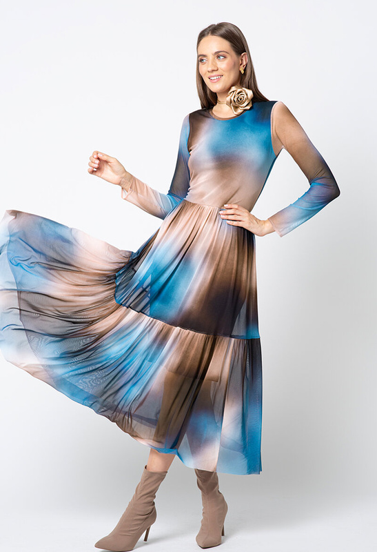 Sukienka z wzorzystej siatki z falbaną na dole Stia