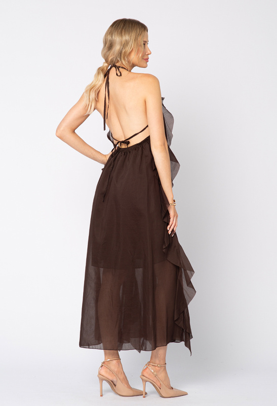 Długa czekoladowa sukienka z tencelu