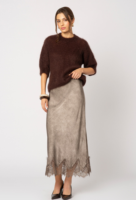 Satynowa wiskozowa spódnica z koronką w kolorze fango