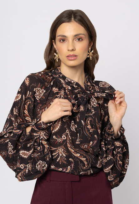 Czarna wzorzysta bluzka z lyocellu z wiązaniem pod szyją