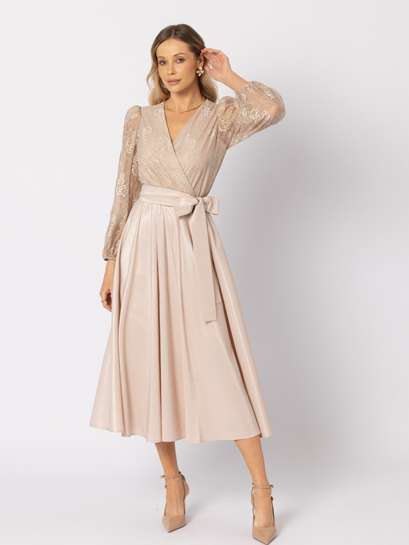 Beżowa sukienka z koronkową górą wiązana