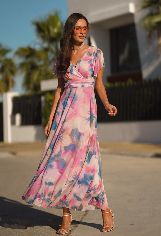 Różowo-błękitna sukienka z siatki Risa