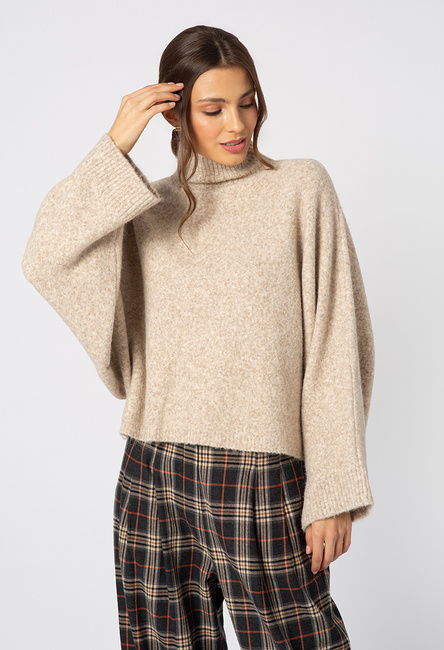 Sweter z golfem beżowy melanż