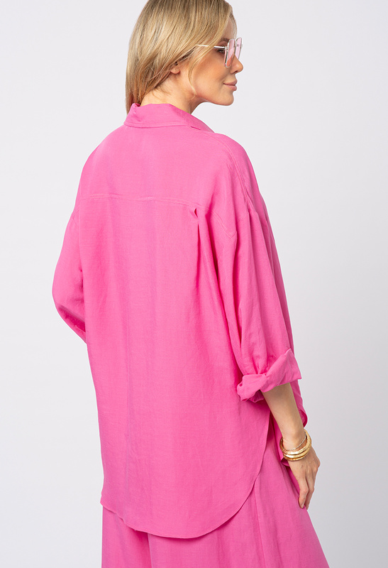 Różowa koszula wiskoza z lnem z ozdobnymi broszkami z rafii Mona