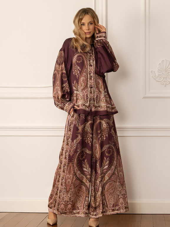 Bordowa koszula z wiskozy w beżowy wzór