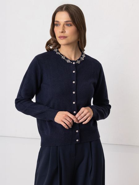 Granatowy kardigan damski z ozdobnym dekoltem