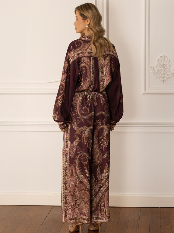 Bordowe spodnie z wiskozy w beżowy wzór