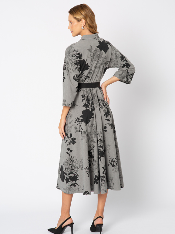 Szara sukienka w czarne kwiaty z paskiem Élisa