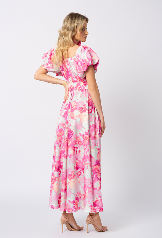 Sukienka w różowe kwiaty z bufiastym rękawkiem Malia