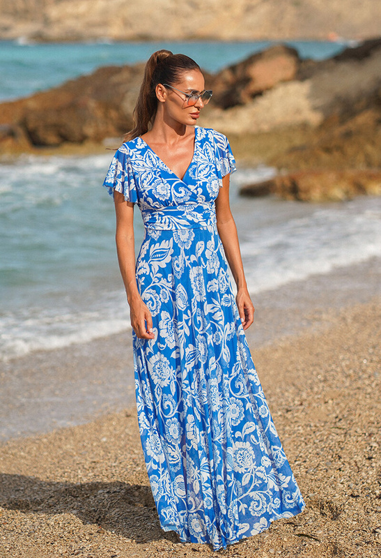 Niebieska sukienka z siatki w kwiatowy wzór Risa