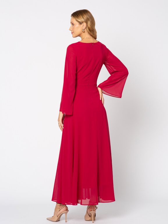 Sukienka w kolorze karminowym z ozdobną talią i szerszym rękawem Magdalene