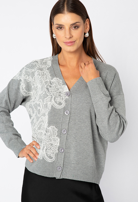 Rozpinany szary sweter z koronką na boku