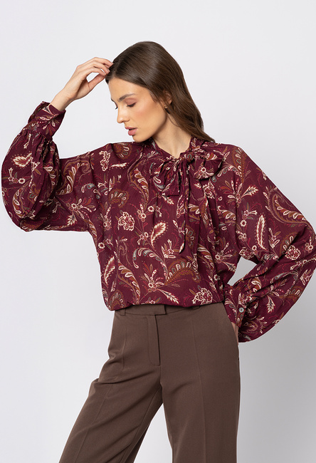 Bordowa wzorzysta bluzka z lyocellu z wiązaniem pod szyją