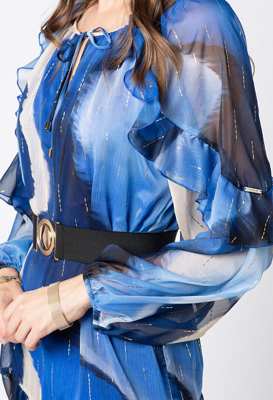 Sukienka mini w błękitne wzory z paskiem ze złotą klamrą Noëlle