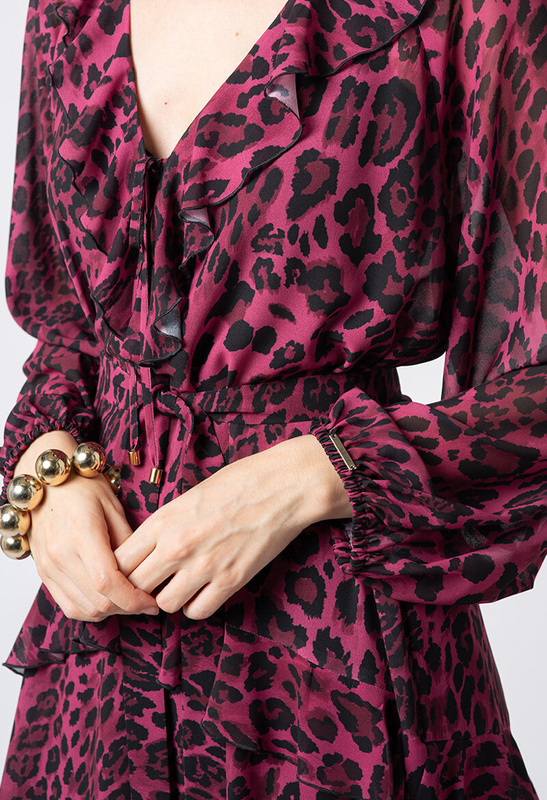 Długa sukienka z bordowego szyfonu w panterkę